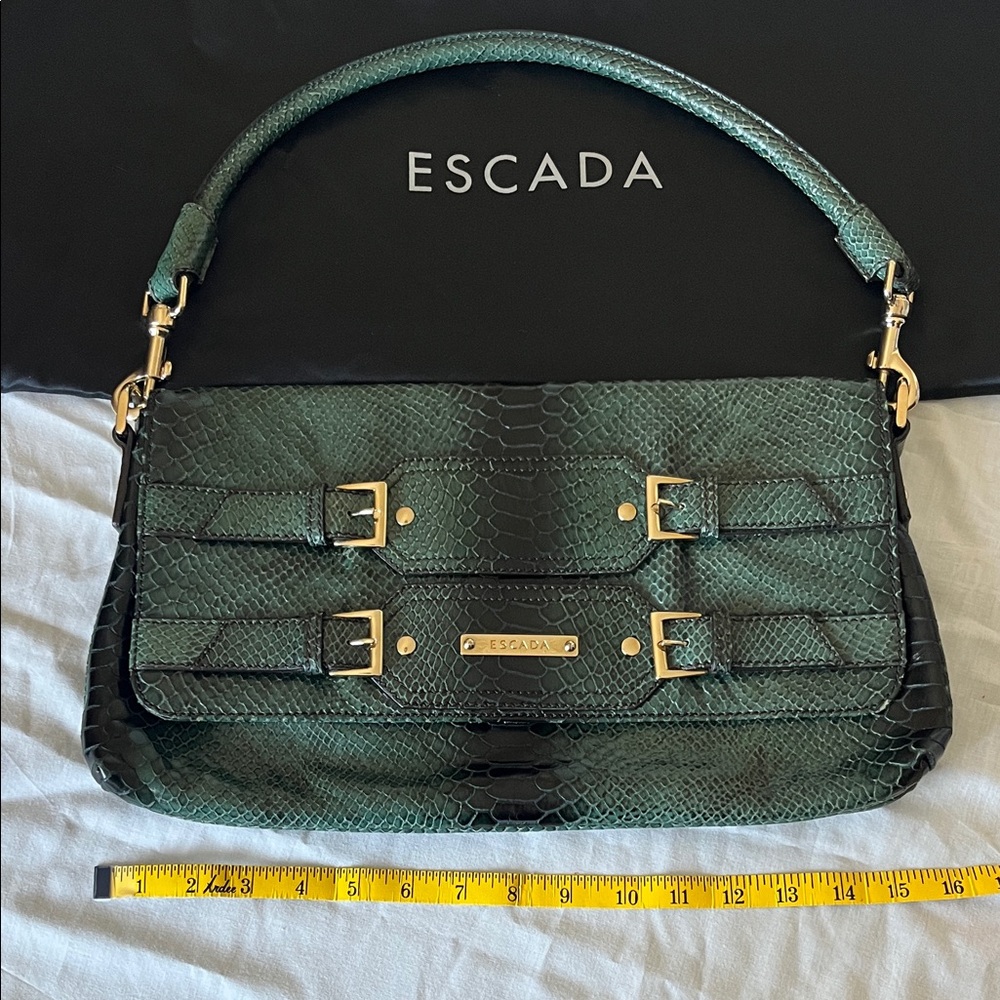 Escada Dark Green Snake Print Shoulder Bag